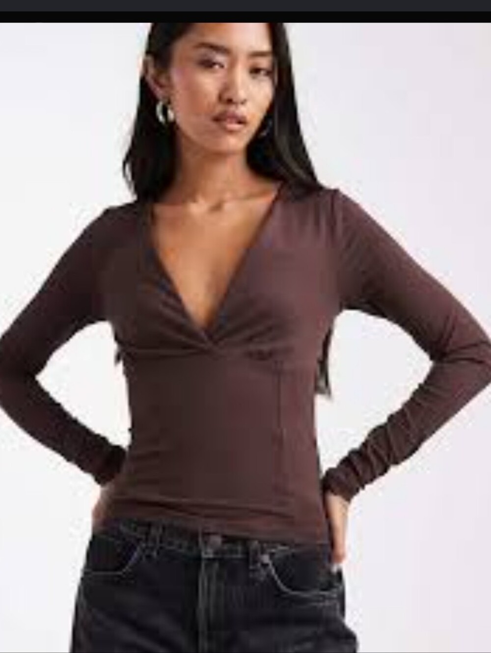 Cotton On Women's Chocolate Brown V-Neck Long Sleeve Top